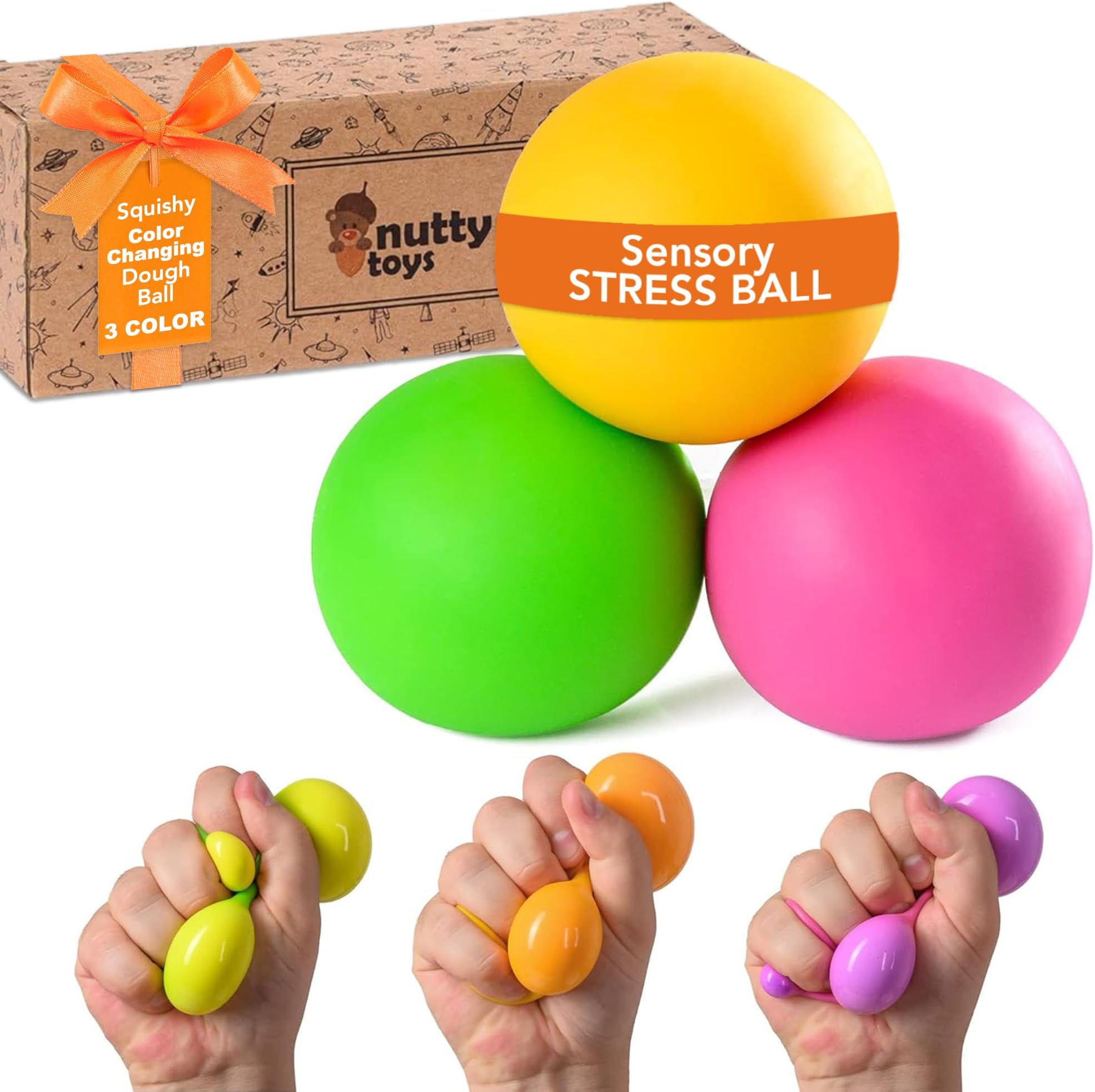 Nutty Toys Sensory Stress Balls for Kids & Adults - Squishy Color Changing Dough Ball, Top Autism Anxiety Relief Fidget 2025 Unique Teen Gifts Best Boy Girl & Tween Easter Basket Stuffers Present Idea