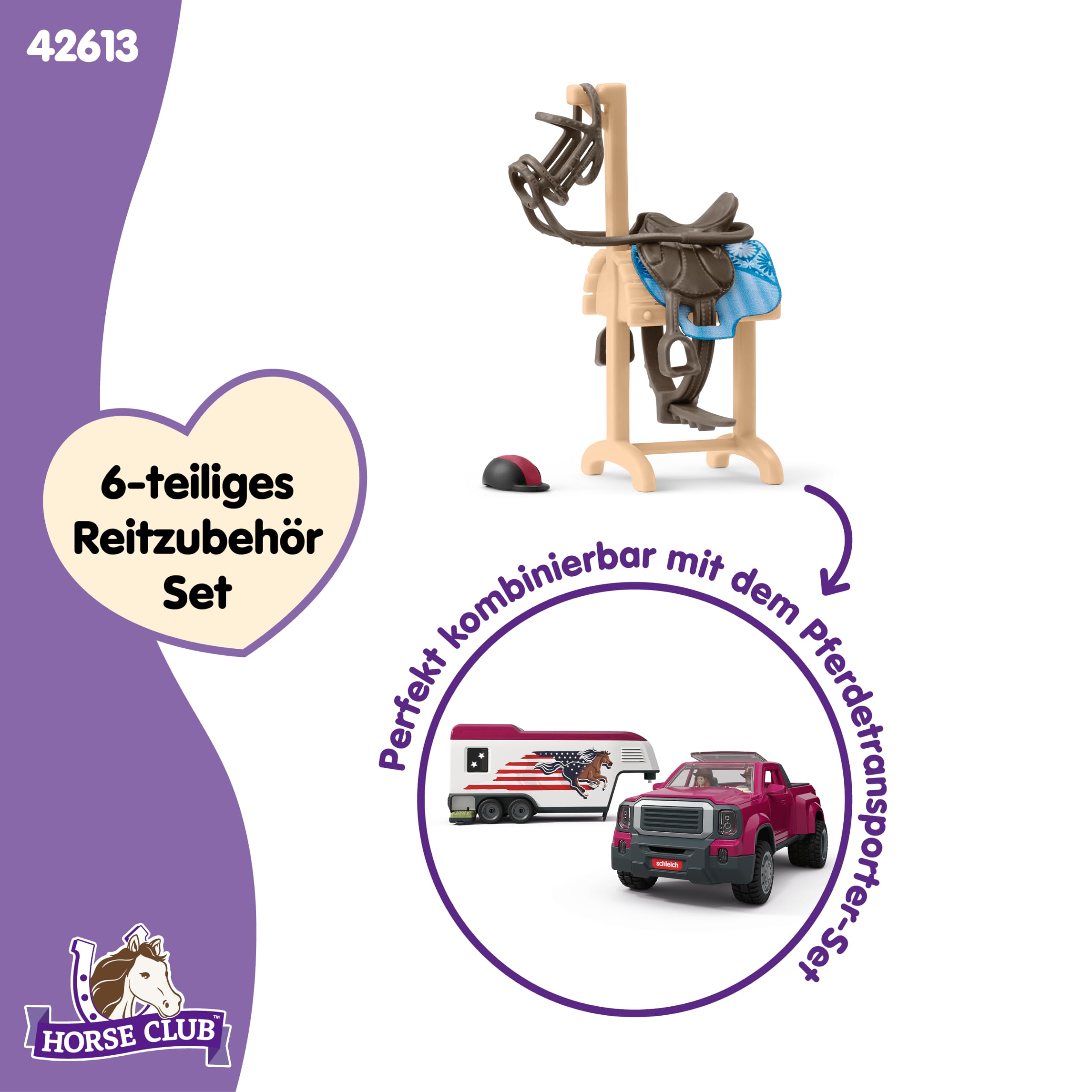 SCHLEICH Horse Club | Pferdetransporter Accessoires 42613 Pferde Zubehör Set mit Holzpferd, Helm, Sattel & Zaumzeug | passt zu vielen Horse Club Pferden | Spielzeug ab 5 Jahren | 6 Teile - 5