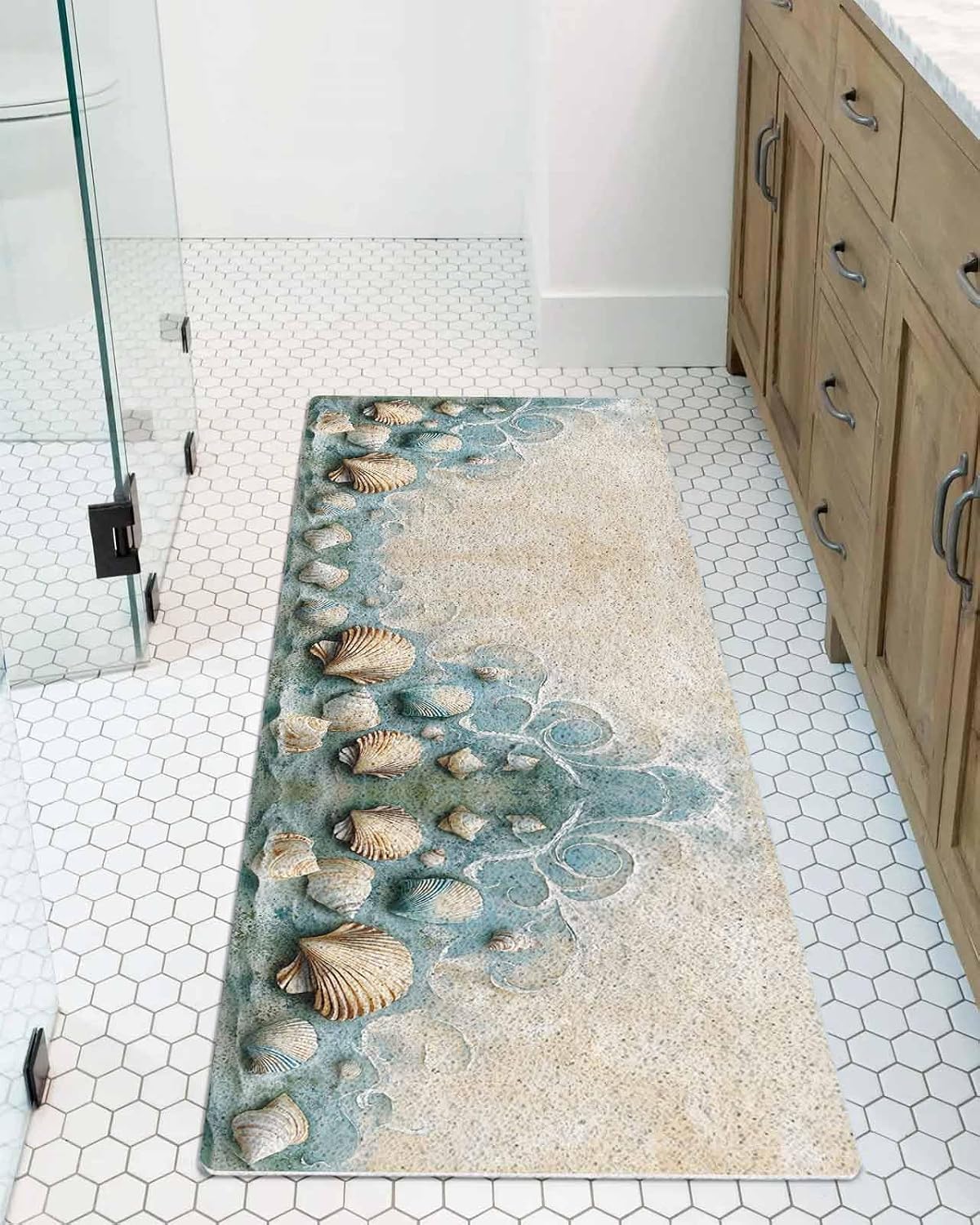 Vintage Shell Non-Slip Bathtub Mat, Ocean Waves Coastal Farmhouse PVC Bath Mat for Tub Quick Drying Shower Mats for Inside Shower, Foot Scrubber Loofah Bathroom Mats 36x16 Inches