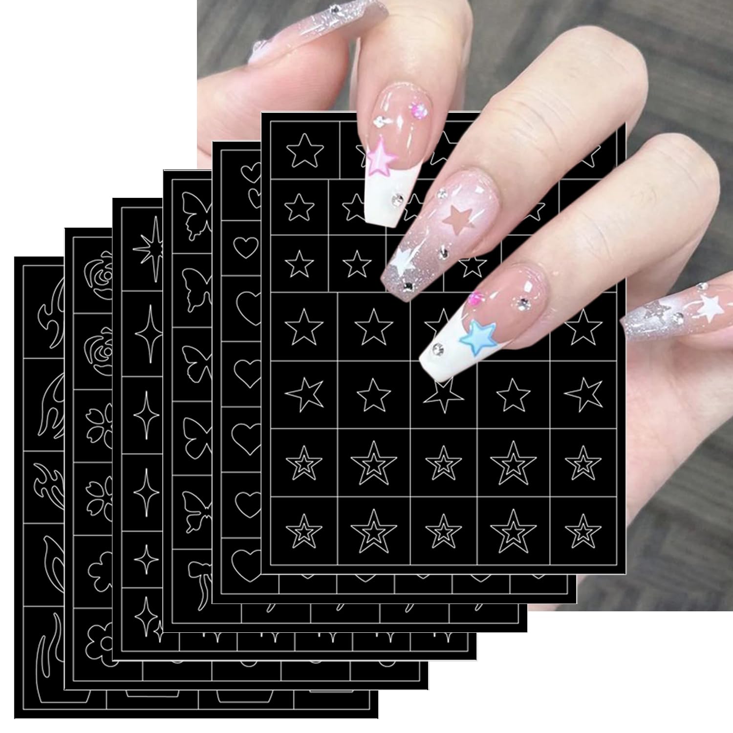 6 Sheets 3D Self-Adhesive Airbrush Nail Stencils for Women and Men Manicure Decals Hollow Design Heart Star Butterfly Fl