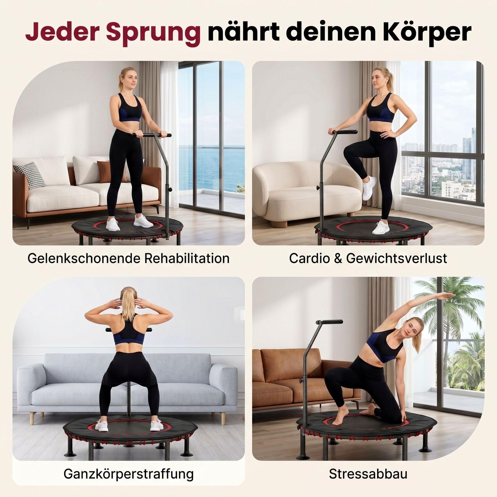 LIFERUN Ø102/122cm Fitness Trampolin Indoor mit Randabdeckung, bis 150kg, 3-stufiger Haltegriff, ohne Montage, geräuscharme Gummiseilfederung, für Erwachsene und Kinder, für drinnen und draußen