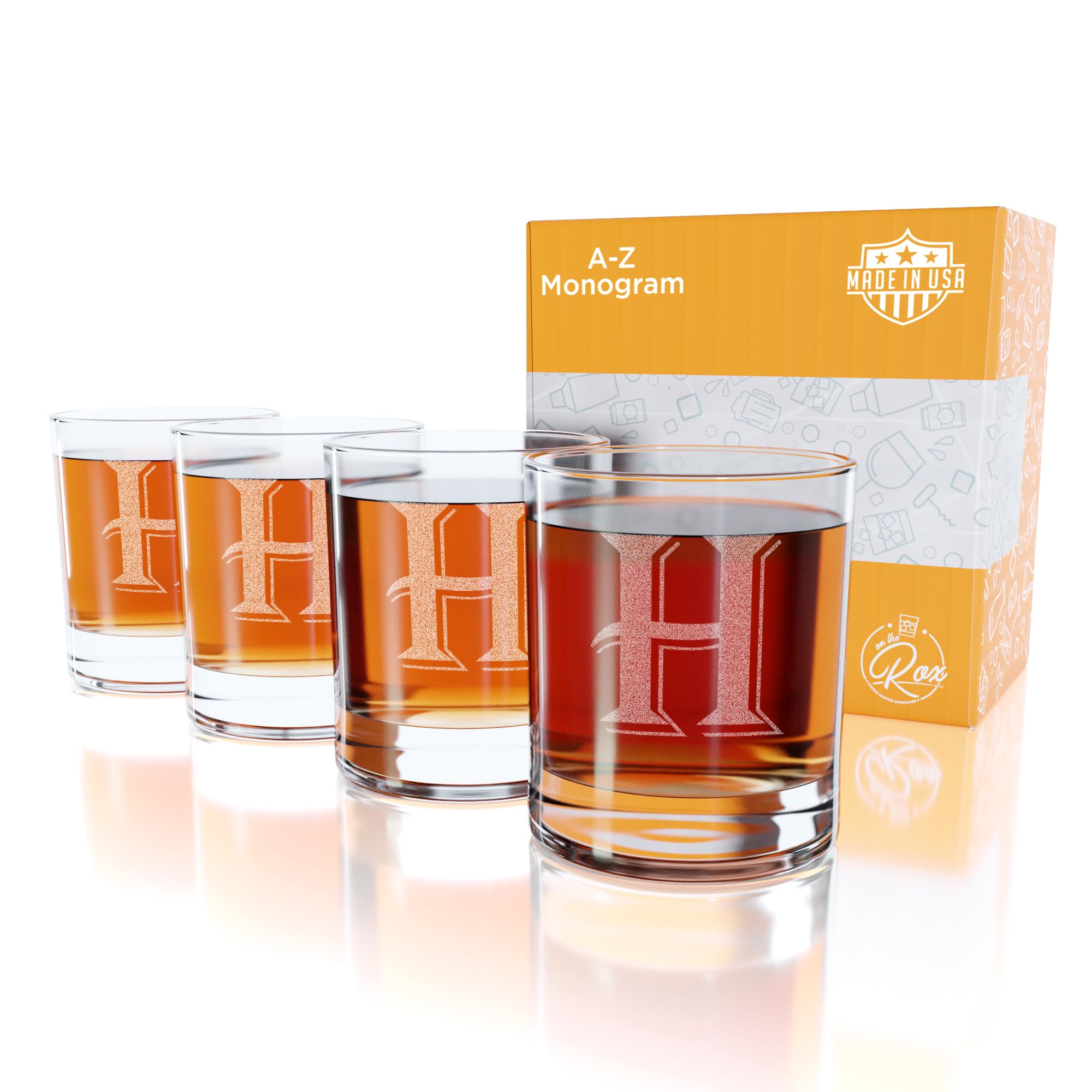[H-Monogram] - 4 Piece Set of 11 Ounce Engraved Heavy Base Rocks Whiskey Bourbon Glasses Elegant Glass-Multi-Purpose Beverage-Rocks Glass- Ideal Gift for any Occasion Drinks