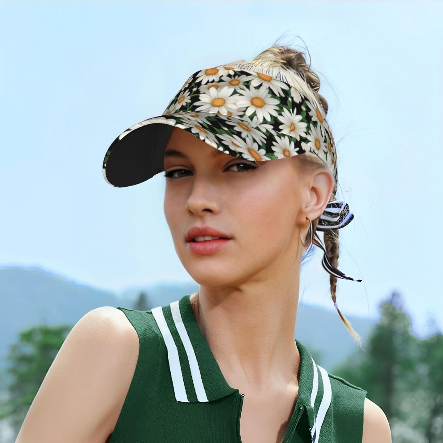 Daisy Flower Pattern Print Sun Visor Hats for Women Men Adjustable Sports Golf Running Sun Caps Black