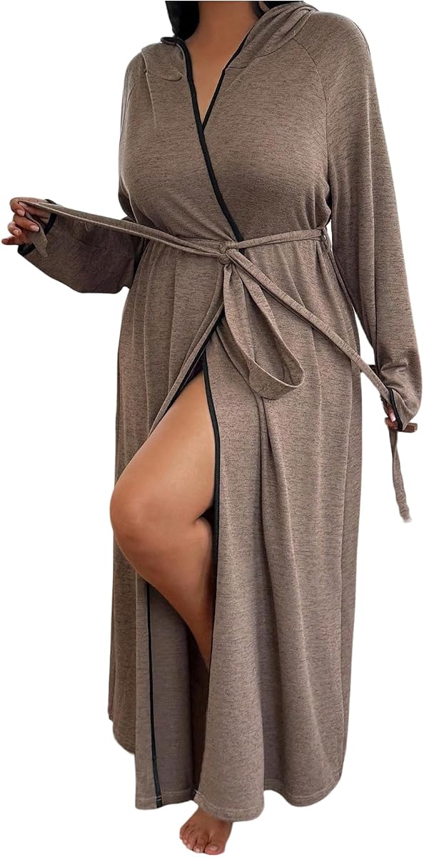 SOLY HUX Women's Plus Size Hooded Robes Long Sleeve Belted Long Kimono Bathrobe Loungewear