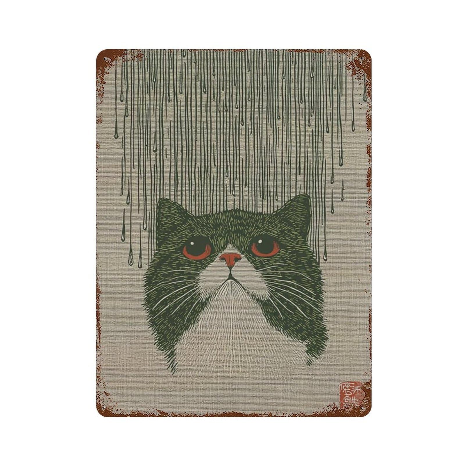 xiaoxiaoshen Japanese Cat Rain Woodblock Style Minimal Asian Moody Animal Work Zen Wall Decor Art Metal Tin Poster Modern Home Decor Art Home Bar Shop Decorations Vintage Sign 40x30cm