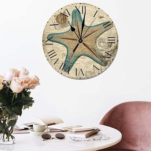 Miniatura 14 de ArogGeld Reloj de pared con diseño de estrella de mar antigua francesa, de cloruro de polivinilo, con números romanos, de 10 pulgadas, funciona