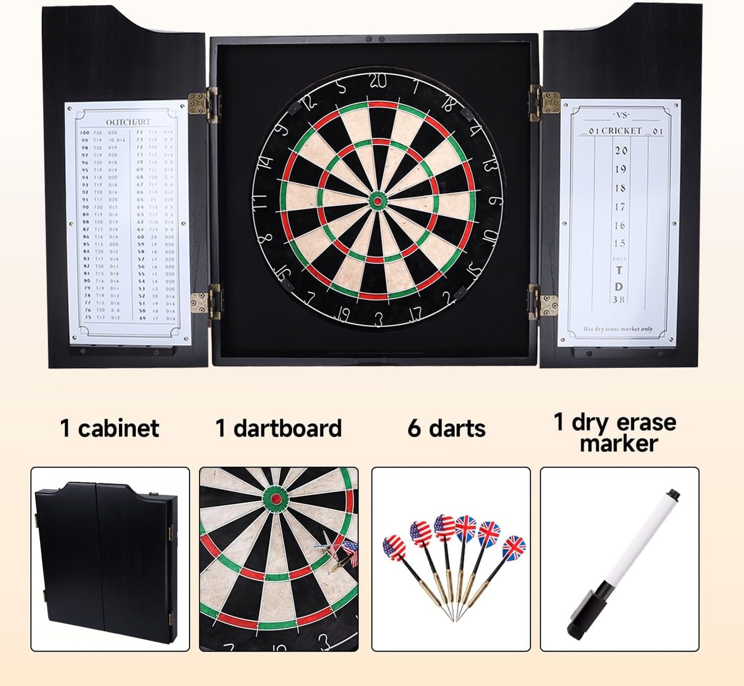 GSE Games & Sports Expert Professional Solid Wood Classic Dartboard Cabinet with Sisal/Bristle Dartboard, Scoreboard, and 6 Steel Tip Darts, Easy Assembly Complete with All Accessories (Black)