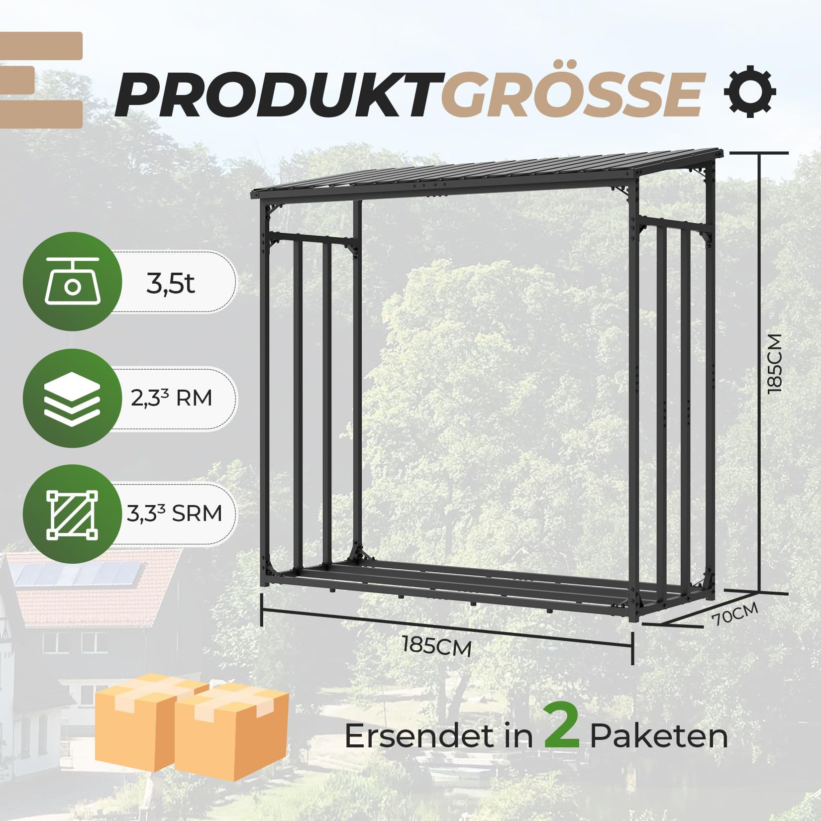 CHOSHOME Kaminholzregal Aussen 185x70x185cm, Metall Kaminholzlager Außen XXL, Anthrazit Garten Kaminholzunterstand 3,3 SRM / 2,3m³, Metalldach, Feuerverzinkt, Brennholzregal
