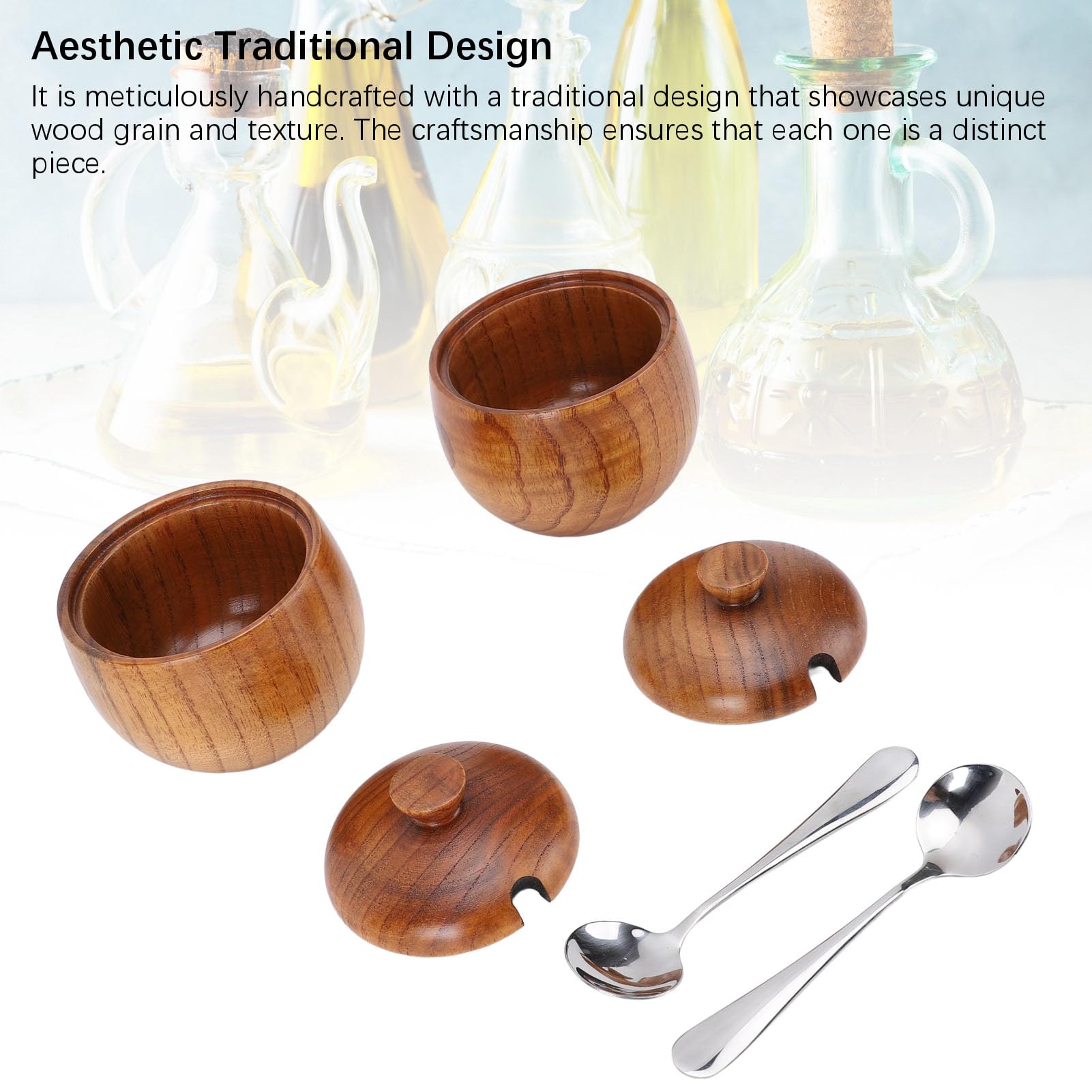 Nikou Frasco multifuncional de Wood Salt Bowl con cuchara de tapa para azúcar y especias 2 piezas