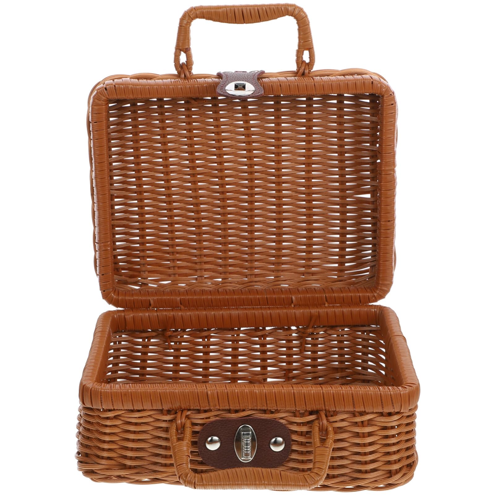 Alipis Retro Plastic Wicker Suitcase, Rattan Suitcase Box with Leather Lock Wicker Picnic Basket with Liner Willow Hamper Woven Storage Case for Party Photo Props Khaki