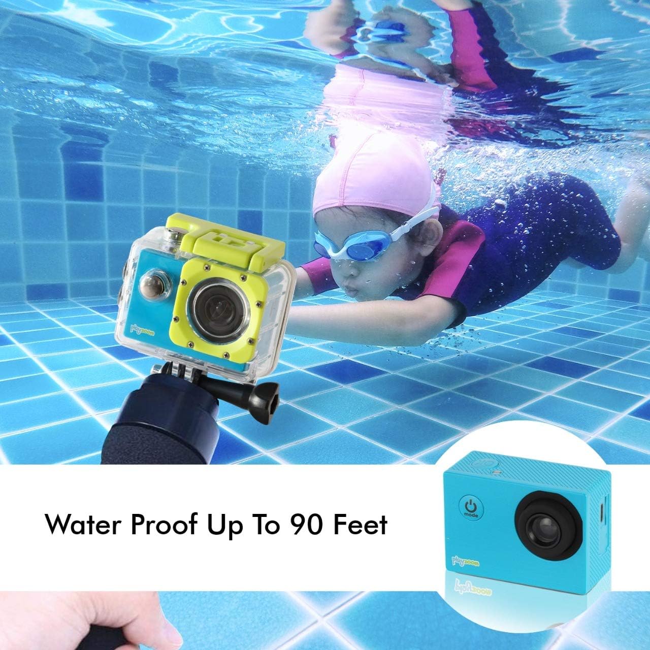 Child swimming underwater with the PlayZoom GoCam in its waterproof case.