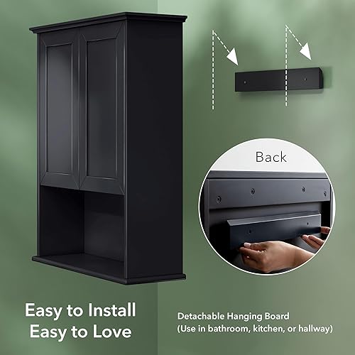 Miniatura 6 de OONNEE Armario de pared para baño, gabinete de madera negro montado en la pared, armario de baño con 2 puertas y estante ajustable, bisagra suave