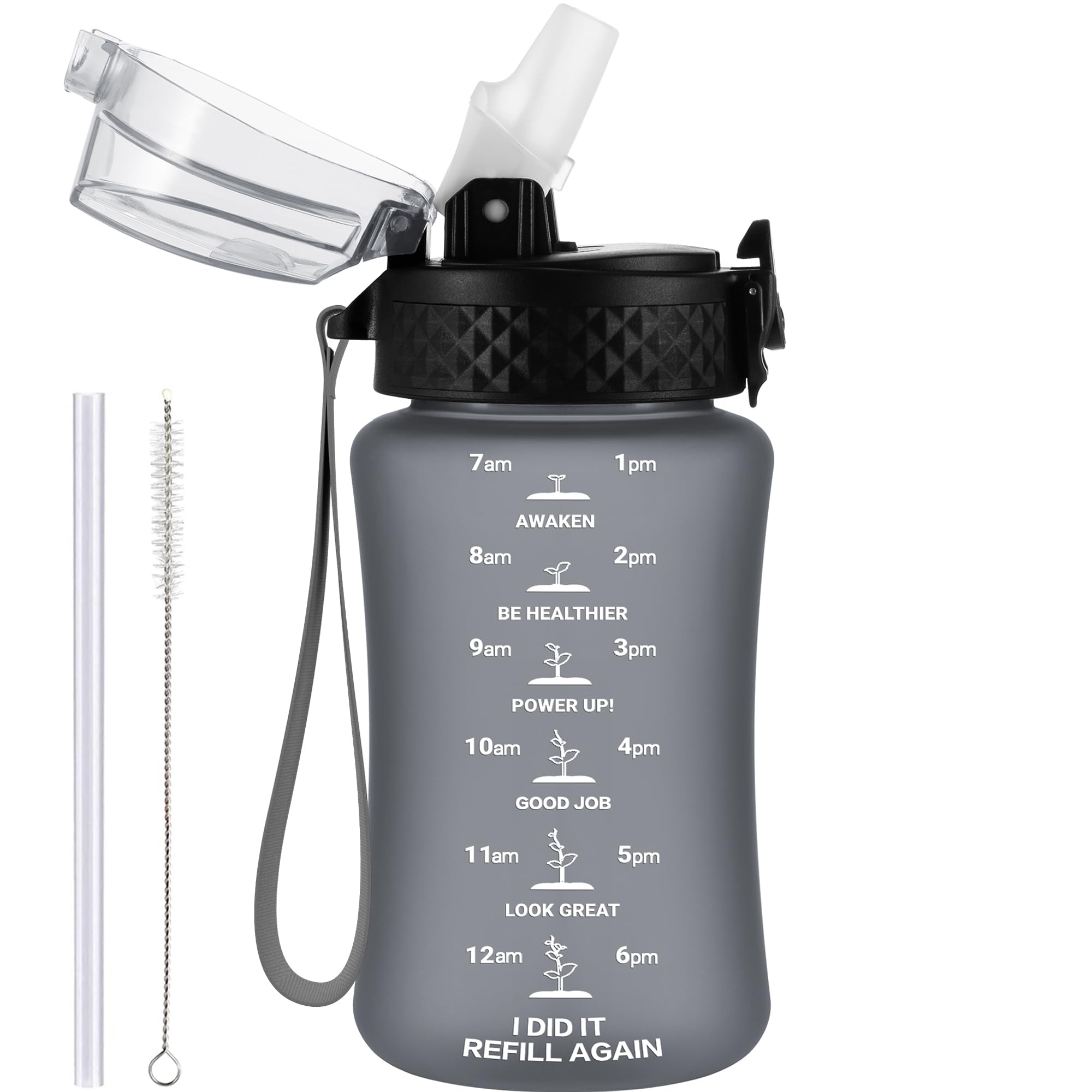 GOPPUS 350ml/12oz Kids Water Bottle With Straw Tritan Drinks Bottle with Strap Small Toddler Juice Bottles with Flip Top Lid Leakproof Children's Cup with Time Marking BPA free Girl Boy (Gray) — image 1