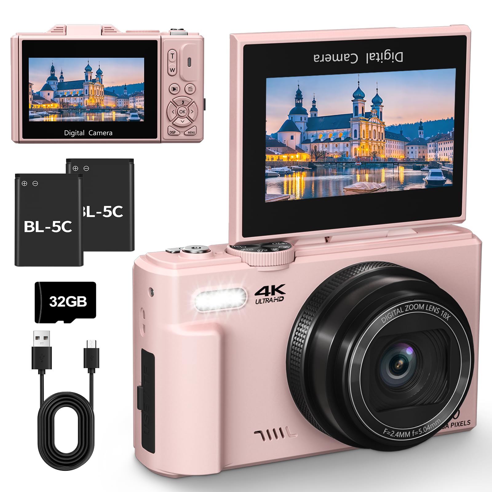 4K Digitalkamera 64MP Kompaktkamera Fotokamera mit Flip Screen Autofokus Vlogging Fotoapparat für einsteiger, 16X Digitalzoom, mit 32GB Karte, 2 Batterien,pink