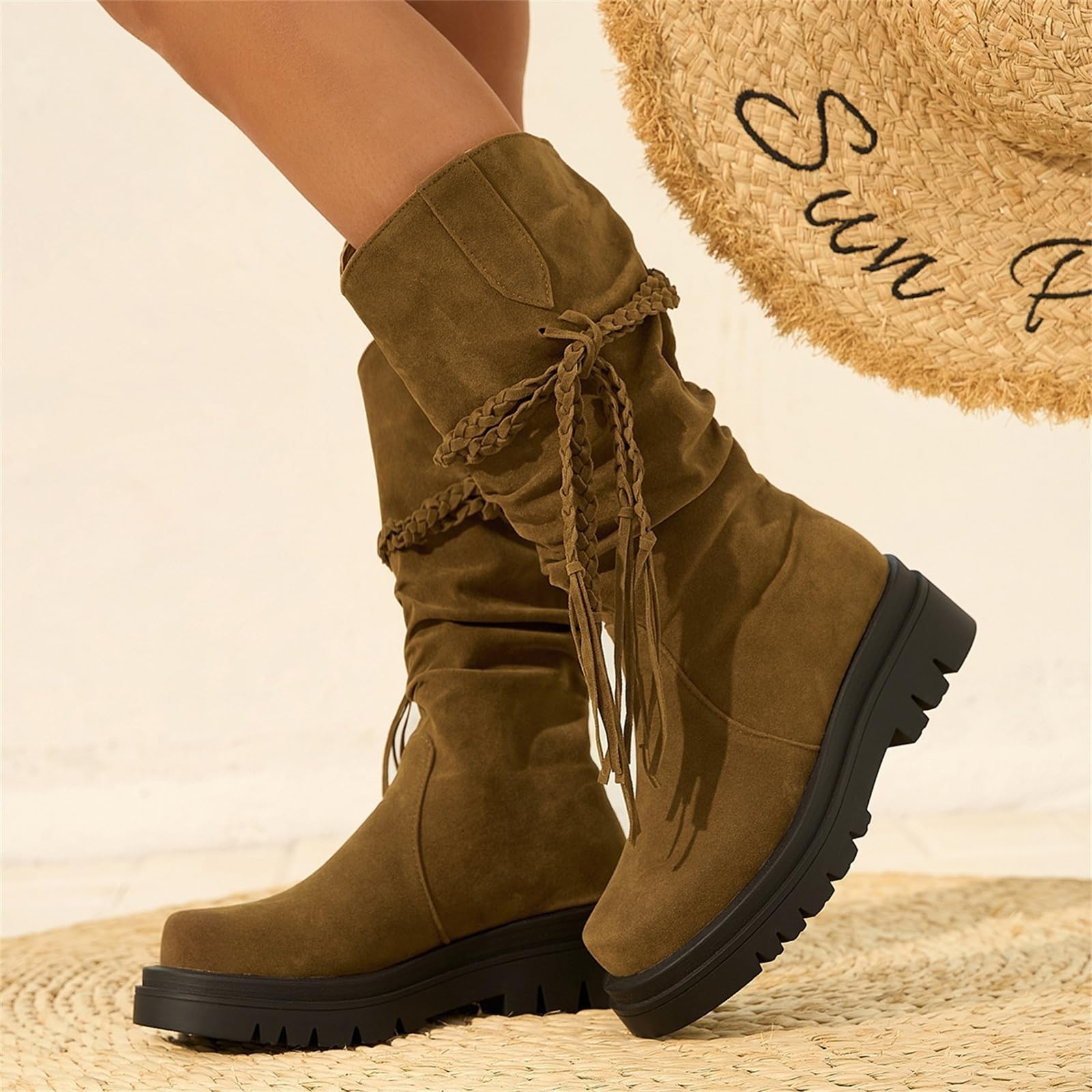 Damskie buty Fringe Western Mid Vitello Slip On Cuneo Buty śnieżne Platforma Długie drzewo Camomile