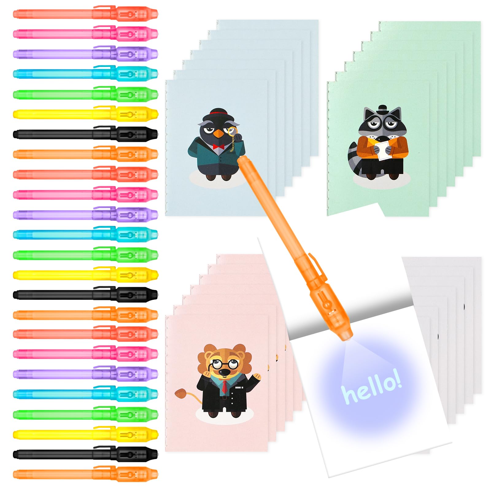 OFFCUP Invisible Ink Pen, 32pcs Spy Pen Magic Marker Pens with UV Light and Pouch - Detective Theme for Kids, Spy Pens Invisible Ink for Writing Secret Message Party Bag Fillers, UV Spy Pen with Book