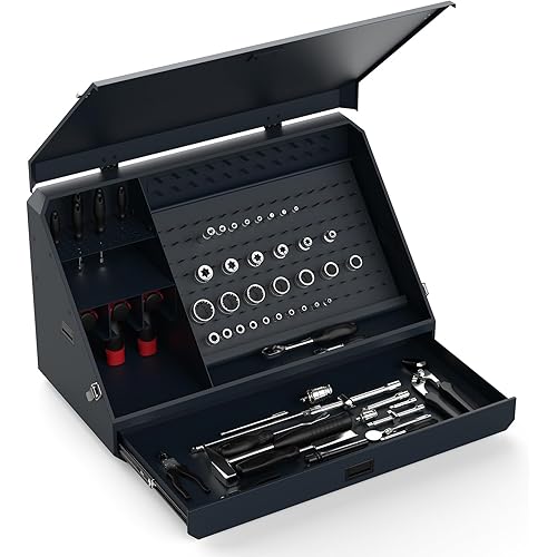 Portable Weather-Resistant Triangle Steel Toolbox with Lock, 16-Gauge Multi-Tier SAE & Metric Chest, Pull-Out Drawer for Truck, 36.8"W x 17.5"D x 21.6"H
