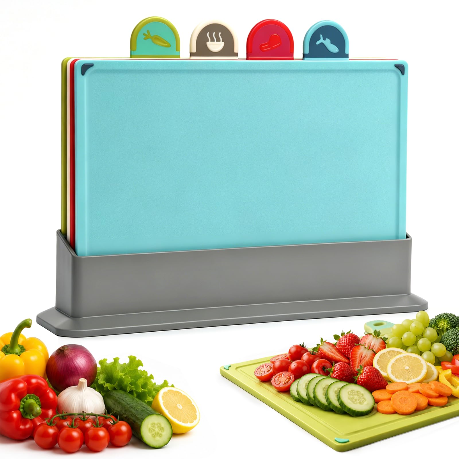 Newthinking Plastic Chopping Board Set, 4PCS Colour Coded Chopping Boards with Storage Stand and Food Icons, Small Non-Slip Kitchen Cutting Board 30×20×0.5cm