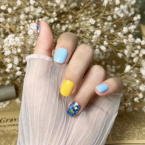 Miniatura 2 de Magrace Uñas postizas largas a presión con diseño hecho a mano azul ataúd para mujer, acabado UV, arte de uñas hecho a mano con diseño, 10 piezas