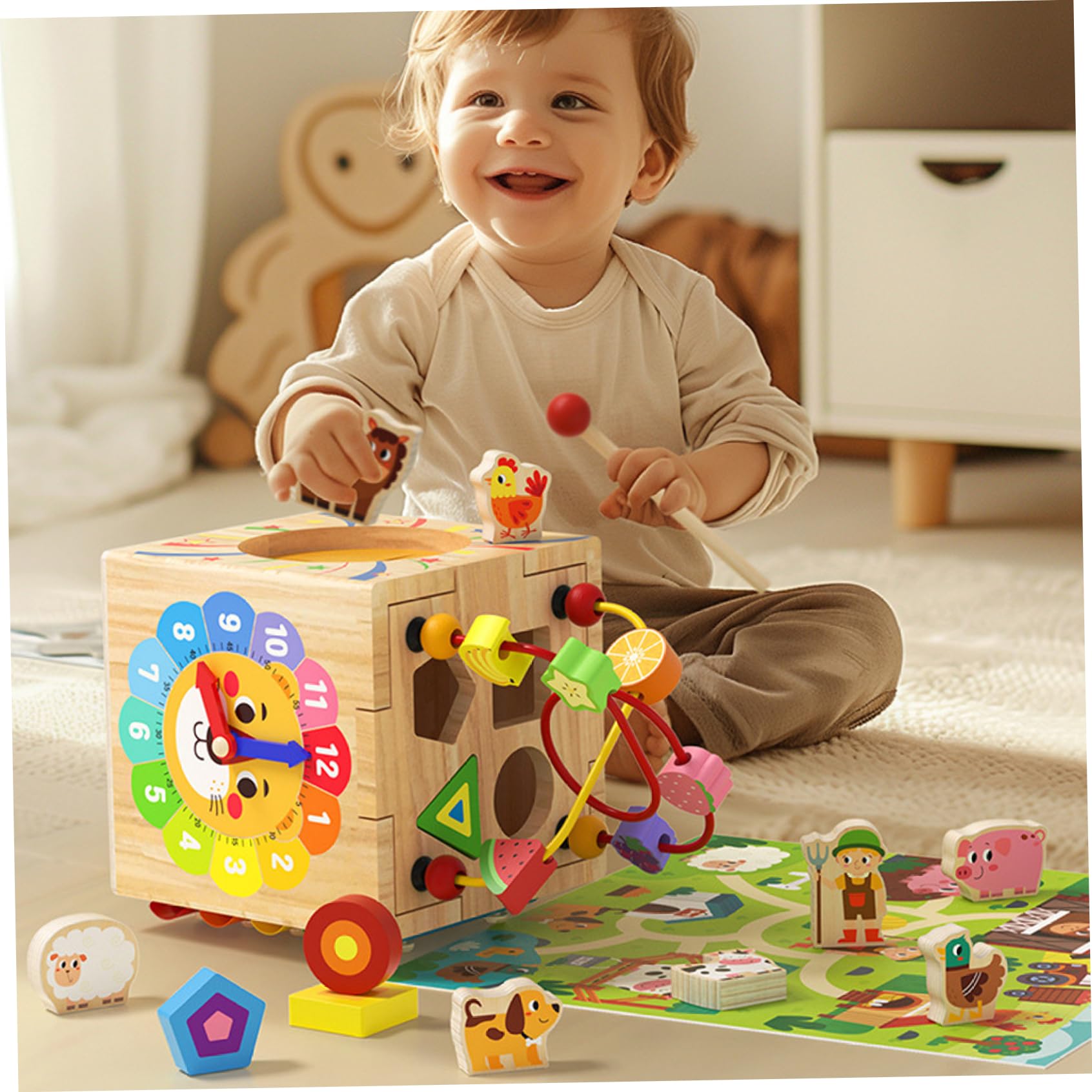 Juguetes de cubo de actividades de madera, 1 juego 6 en 1, cubo de actividades multifuncional para bebés, juguetes sensoriales educativos y de aprendizaje para niños para vacaciones y cumpleaños