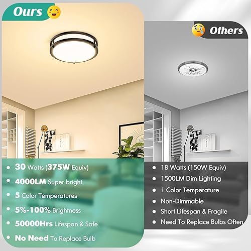 Miniatura 3 de Lámpara de techo empotrada negra, 30 W, 4000 lm, 5CCT, regulable, lámpara de techo LED, 2700 K3000 K4000 K5000 K6500 K, ajustable, 10 pulgadas, para