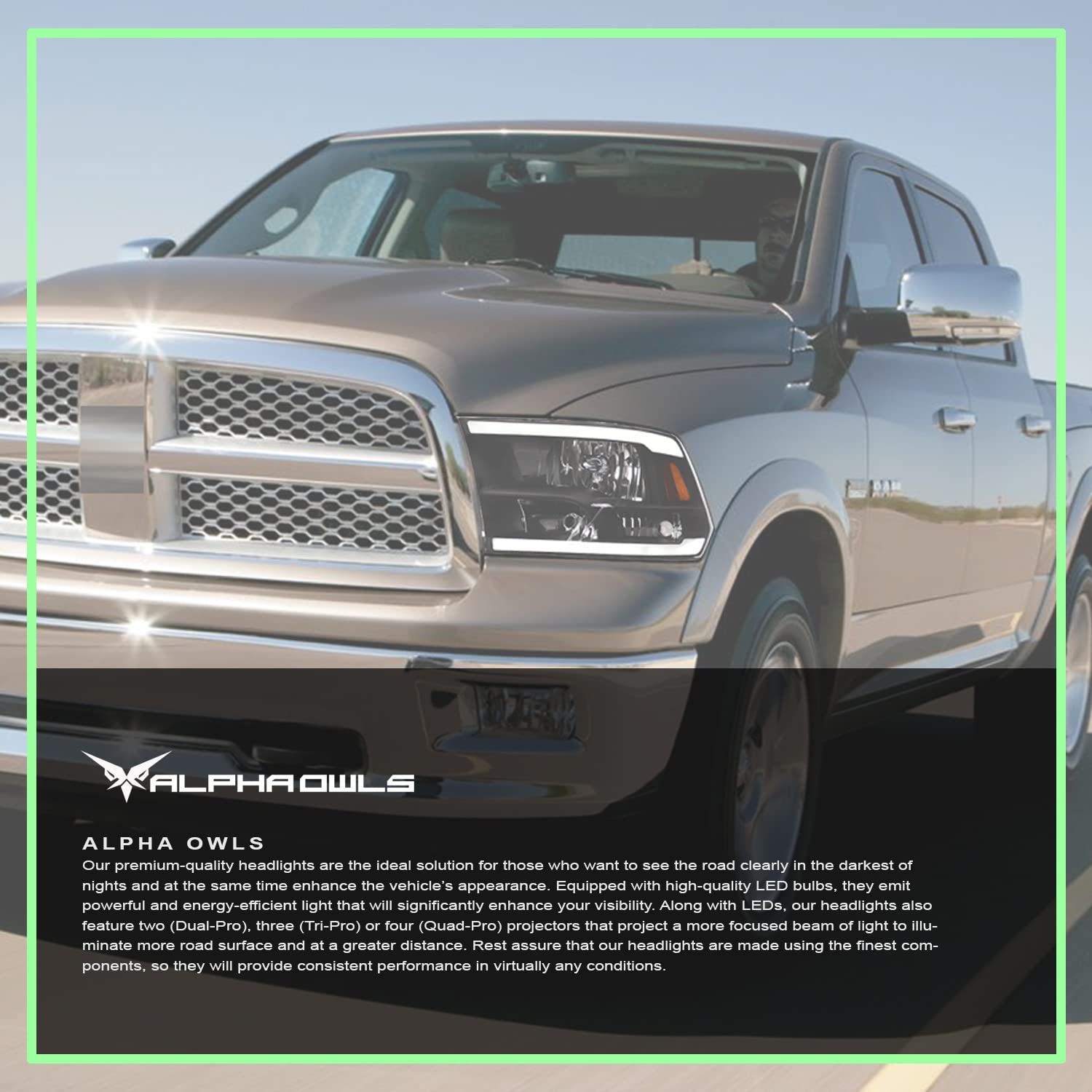 Alpha Owls 8710401 Crystal Headlights With Switchback Sequential LED Light Bar & Startup Light - Black Amber Fits 2009-2018 Dodge Ram 1500 2500 3500/2019-2022 Classic Halogen Models