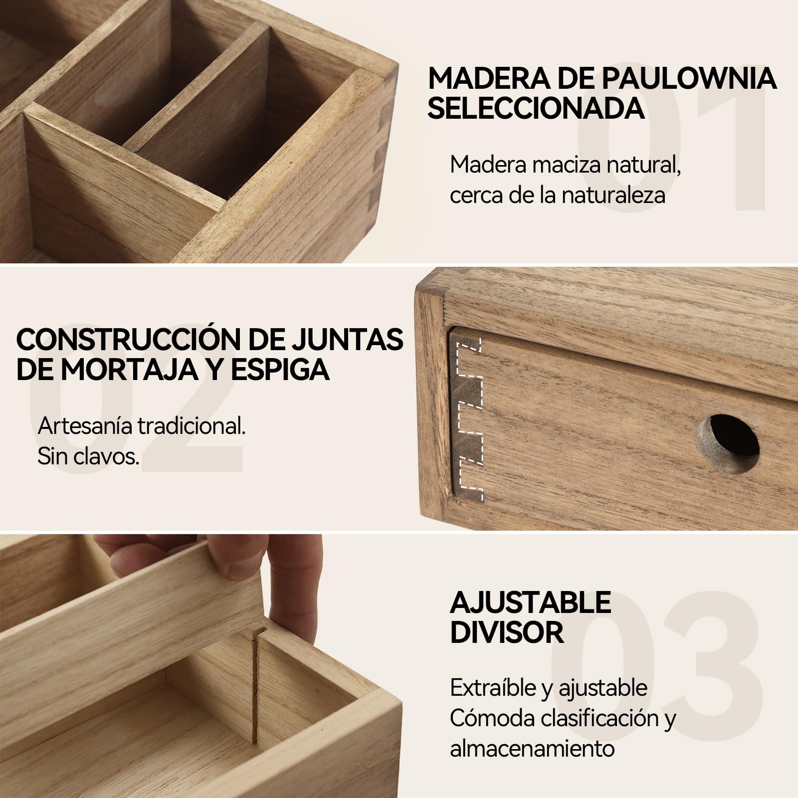 KIRIGEN Organizador de Café, Estación de Café, Caja para Cápsulas, Marrón | 2 cajones y 4 compartimentos; paulownia maciza; montado; uniones de espiga y mortaja; aceite vegetal; 41 × 31 × 17 cm