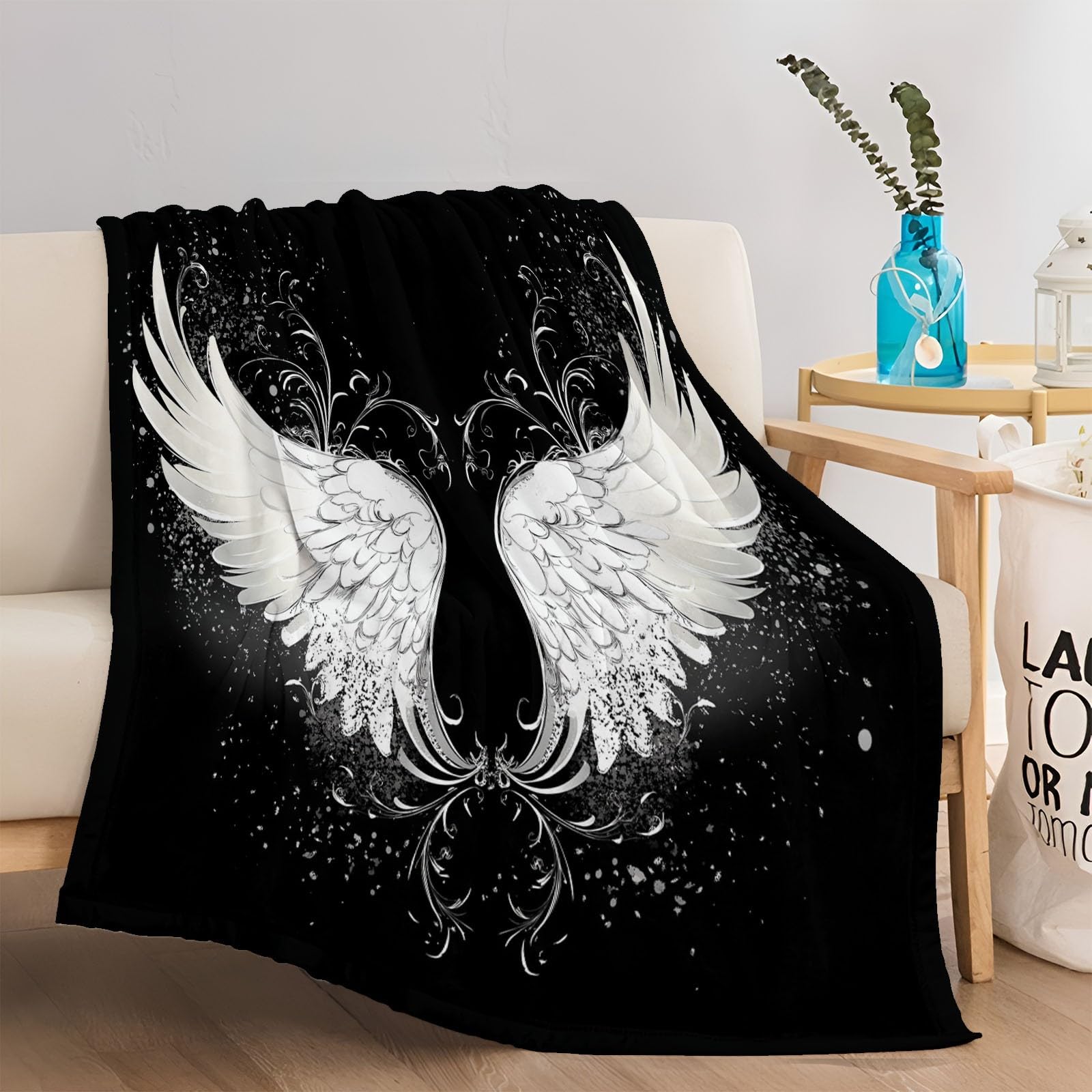 Dekoracyjny biały koc flanelowy z wełny, 180 x 220 cm Koc na łóżko, ciepły i miękki flanelowy, gruby flanelowy koc na sofę, odpowiedni na wszystkie pory roku, czarny