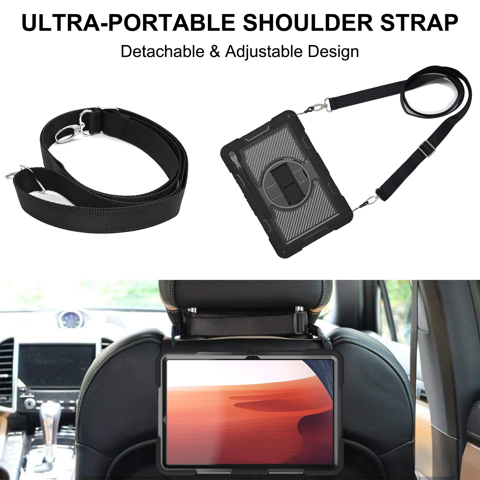 Custodia protettiva antiurto per Samsumg Galaxy Tab S10 FE+/S10 FE Plus 13" 2025, custodia protettiva antiurto con cinghia da polso e tracolla, supporto stabile in silicone (nero)