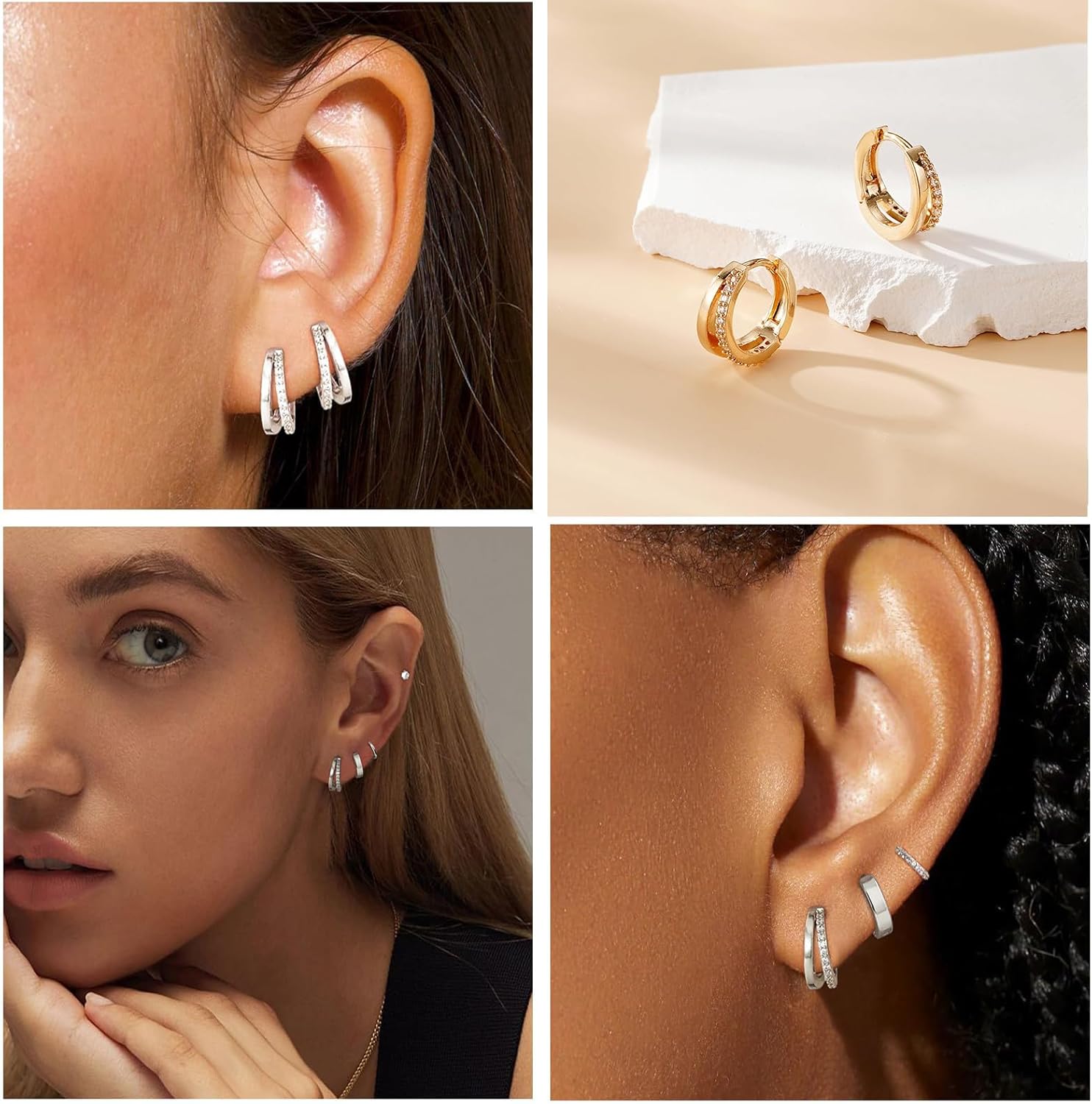 925 Sterling Silver Double Hoop Earrings for Women, 18K Gold Plated Small Huggie Hoops with Cubic Zirconia, Hypoallergenic Dainty Cartilage Earrings for Sensitive Ears - Image 5