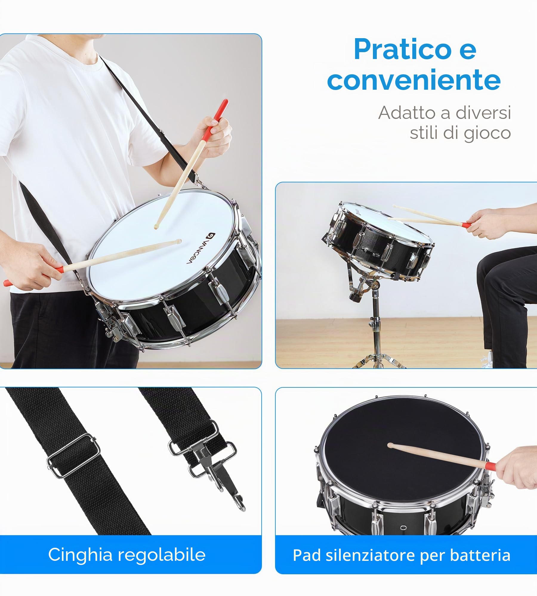 Vangoa Kit Rullante Batteria Con Supporto,14 Pollici,Tamburo Da Stadio,Rullante Da Marcia Per Principianti, Studenti, Bande Musicali 14 X 5,5"Nero
