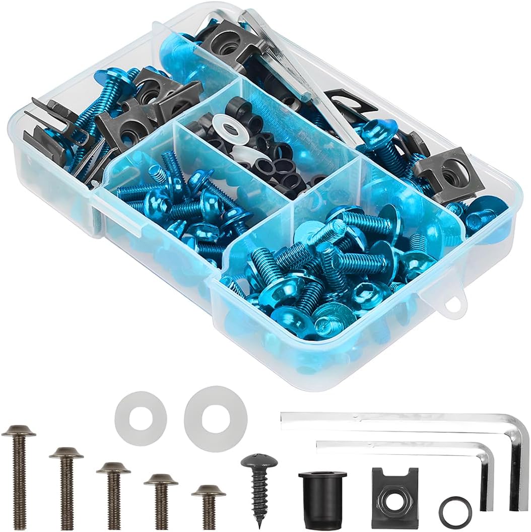 BELOMI Motorcycle Fairing Bolt Kit, 177pcs M5 M6 Motorcycle Windscreen Screws, Aluminum Fasteners Fairing Bolts Nut Clips Kit, Mounting Kits Washers Nuts Screws Assortment for Sport Bikes (Sky Blue)