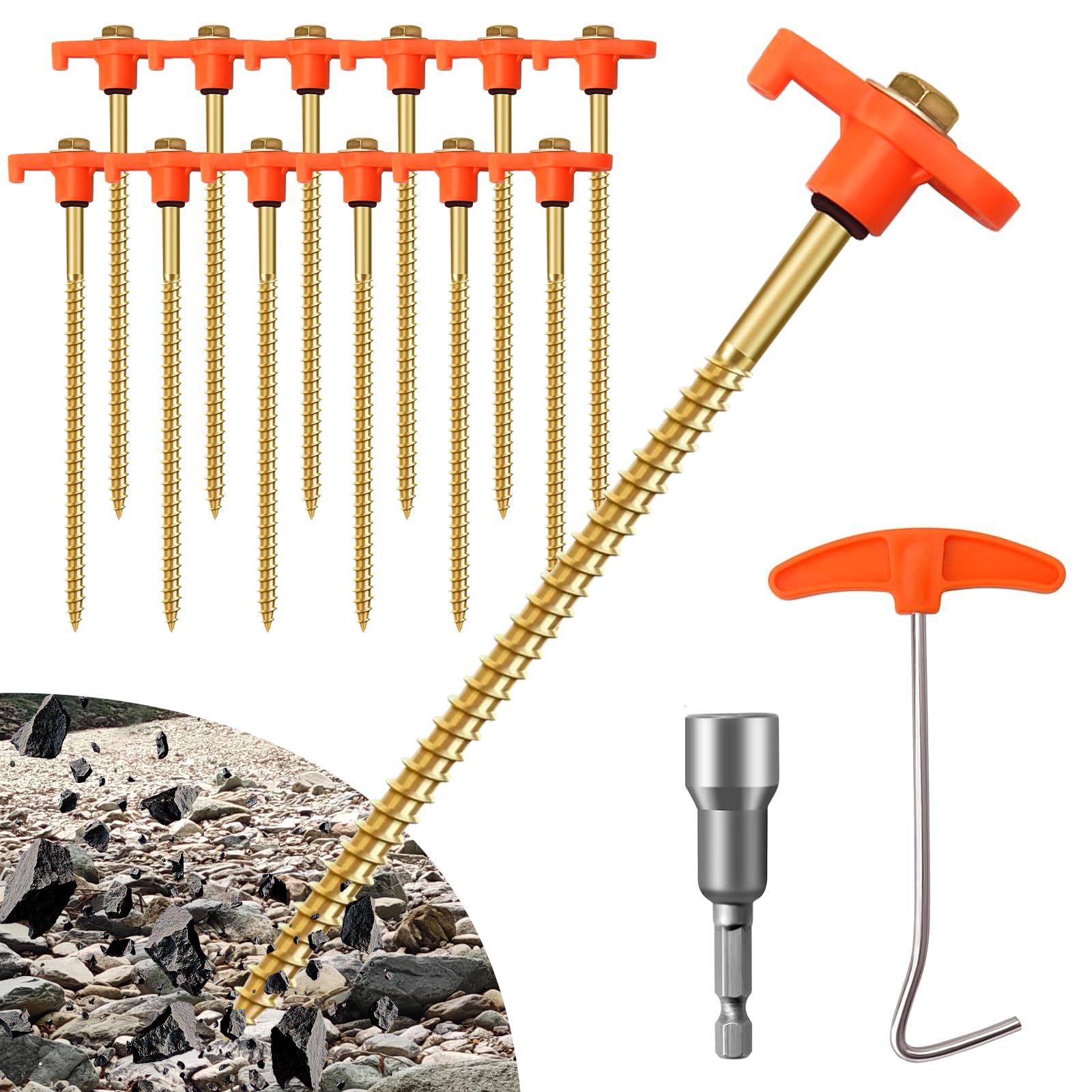 12 Pack Tent Pegs Metal Heavy Duty, Metal Tent Pegs with Thread, Includes Drill Adapter & Nail Puller, Ground Anchors for Camping Peg Heavy Duty for Hard Ground, Camping, with A T-Handle (orange)
