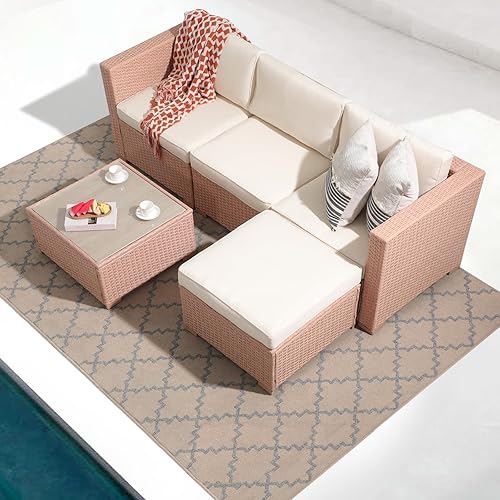 Patiorama 5 Piece Outdoor Patio Furniture Set, Creamy White PE Wicker with Cushy Seat Cushions, Ideal for Balcony, Garden, Patio
