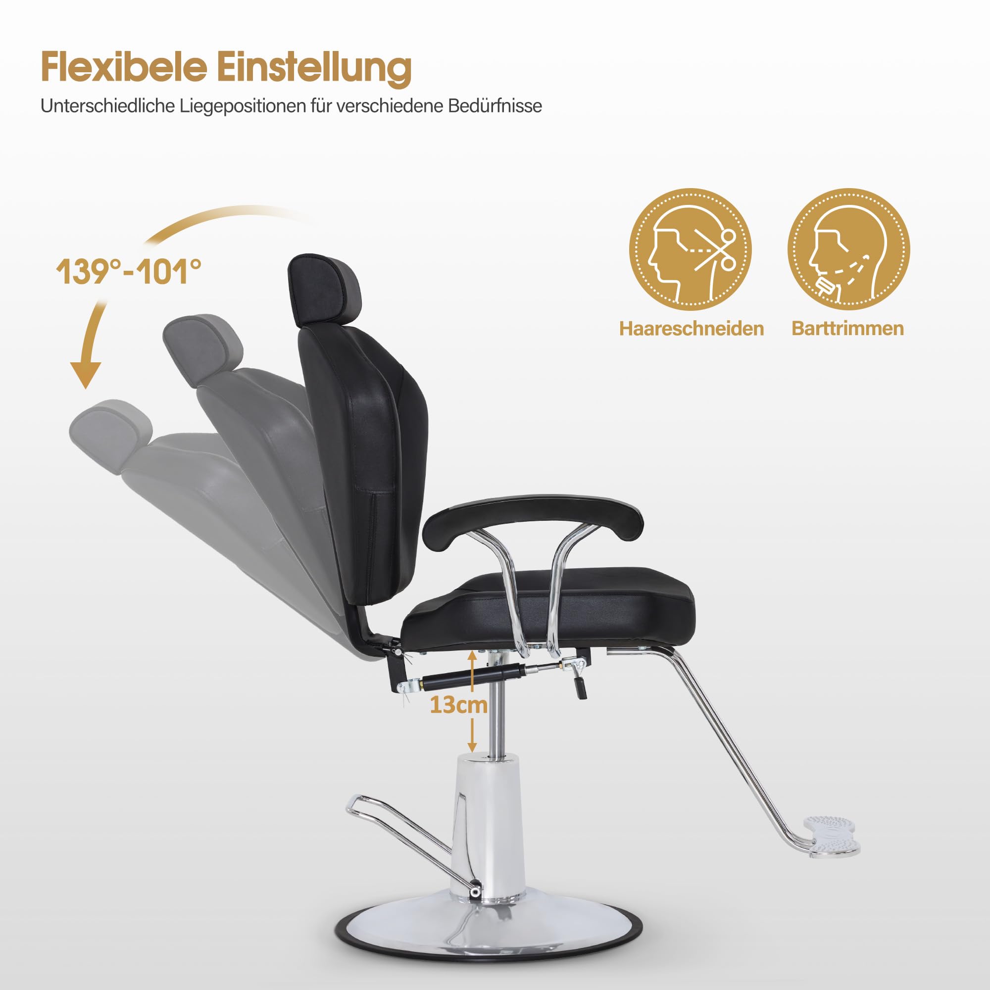 Barberpub Friseurstuhl mit Kopfstütze, Hydraulikpumpe 360° Drehbar, Höhenverstellbar, PVC Kunstleder, Schwarz