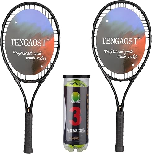 Raquetas de tenis negras para adultos, raquetas de tenis de 27 pulgadas, juego de raquetas de tenis para 2 jugadores