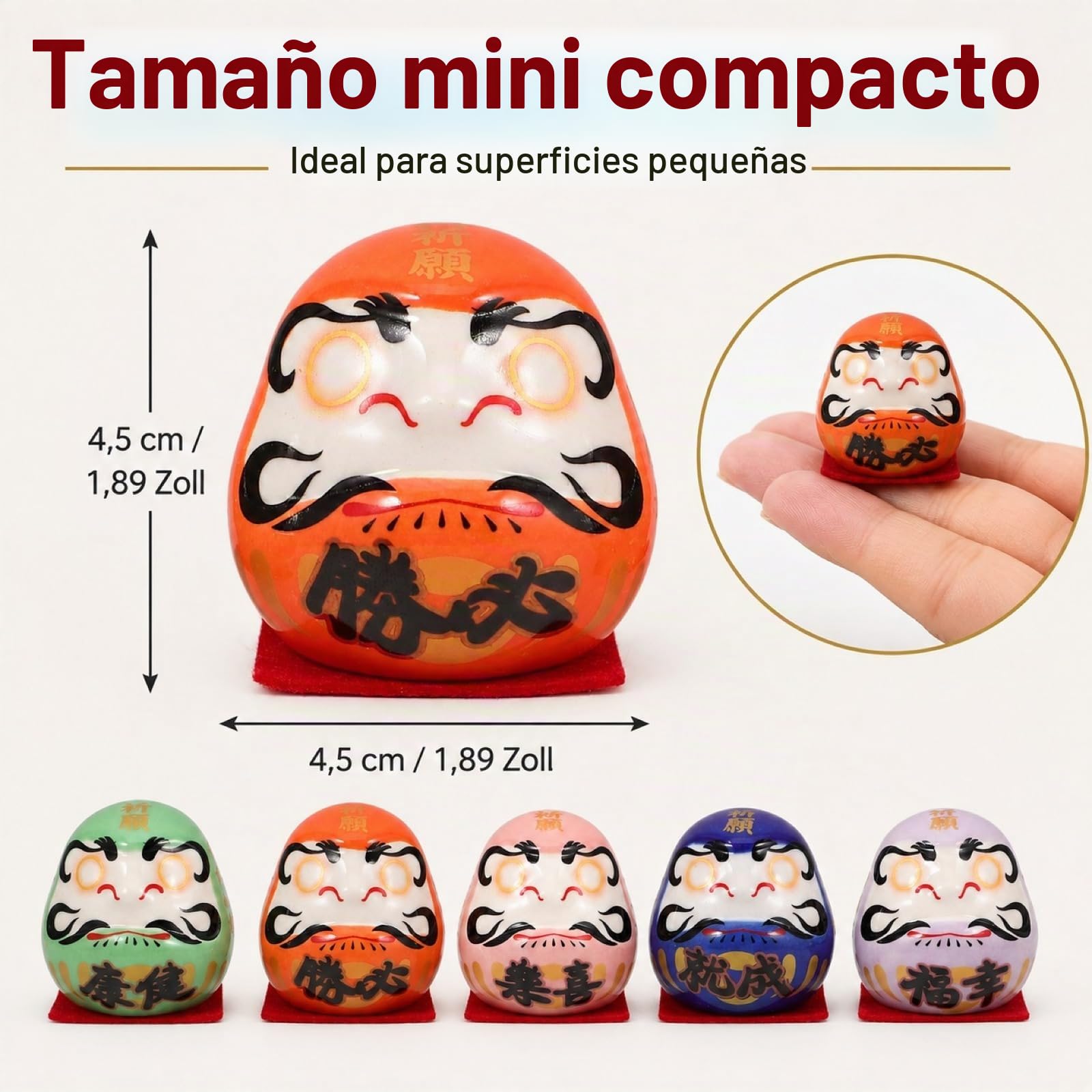 Zerodeko Juego de 5 muñecos japoneses de cerámica, amuleto de la suerte, figuras Bodhidharma en miniatura para el salpicadero del coche y el hogar, juego de decoración zen sin ojos para el éxito y la
