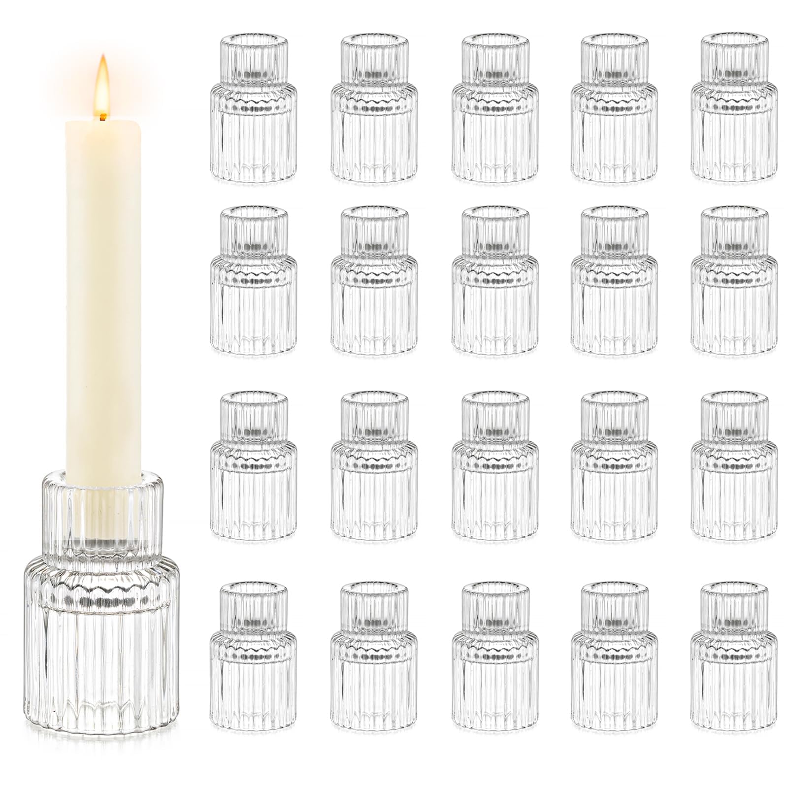 Hewory 20pcs Bougeoirs en Verre Côtelés Modernes pour Bougies de Chandelier