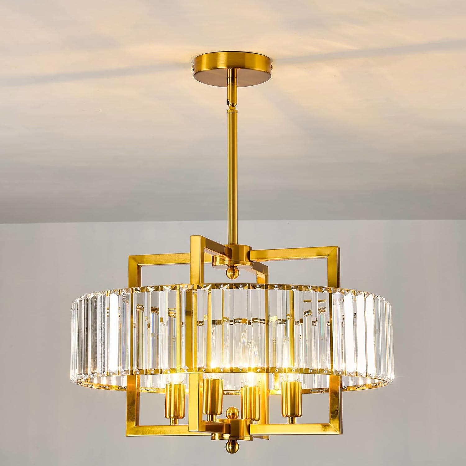 4 Light Gold Crystal Chandelier for Dining Room Modern Candle Hanging Pendant Light Fixture Round Ceiling Light for Living Room Bedroom Entryway Kitchen