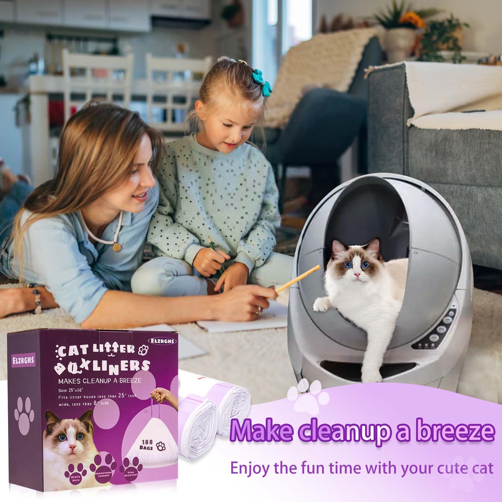 Elzrghs Paquete de 100 bolsas de basura con cordón para gatos compatibles con Litter-Robot 3/4, bolsas de basura resistentes para autolimpieza automática de caja de arena