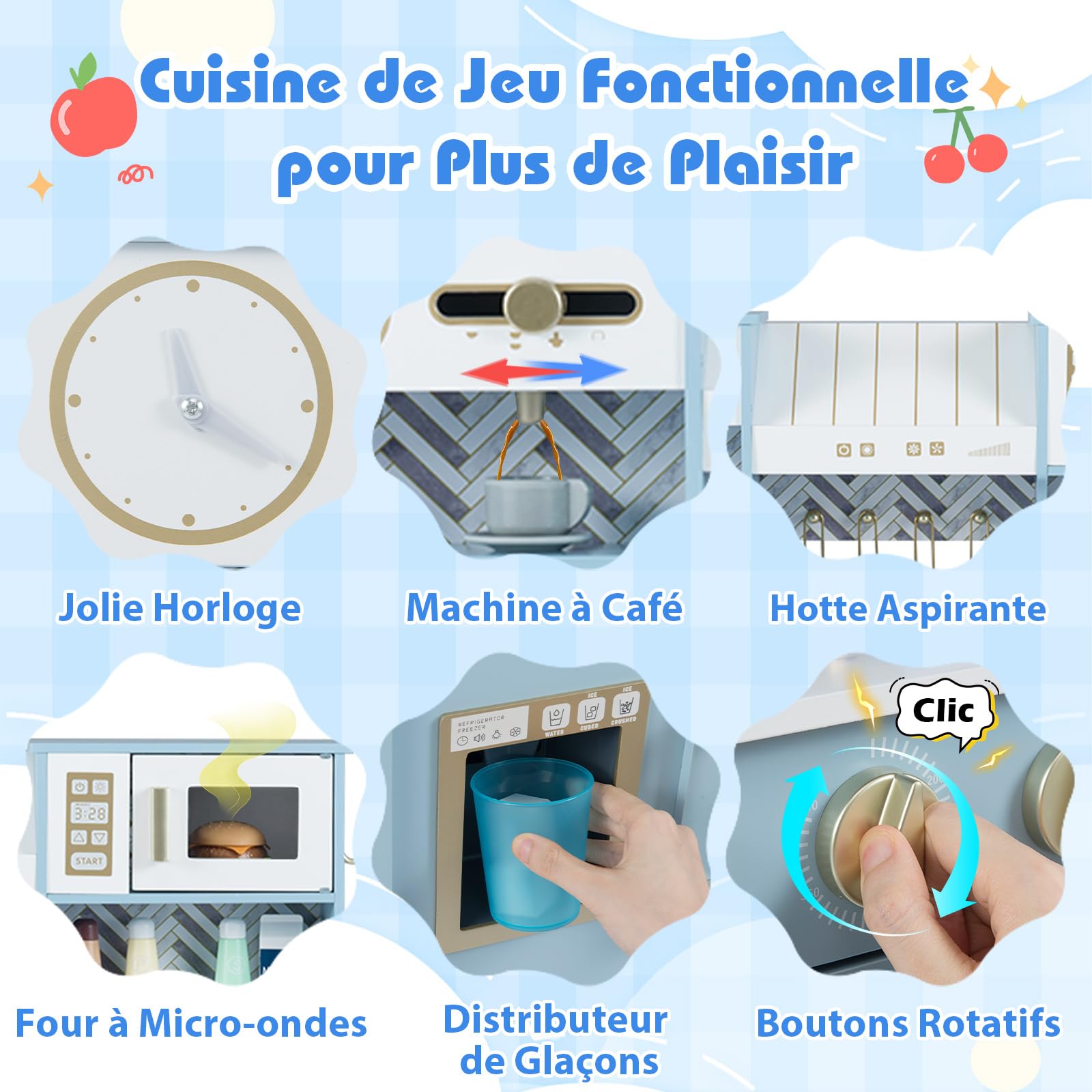 COSTWAY Cuisine Enfant avec Machine à Café & Machine à Glaçons, Cuisine en Bois Enfant avec Son Réaliste & Hotte & 10 Accessoires, Micro-Ondes, Armoires, Jeu de Simulation pour 3-6 Ans
