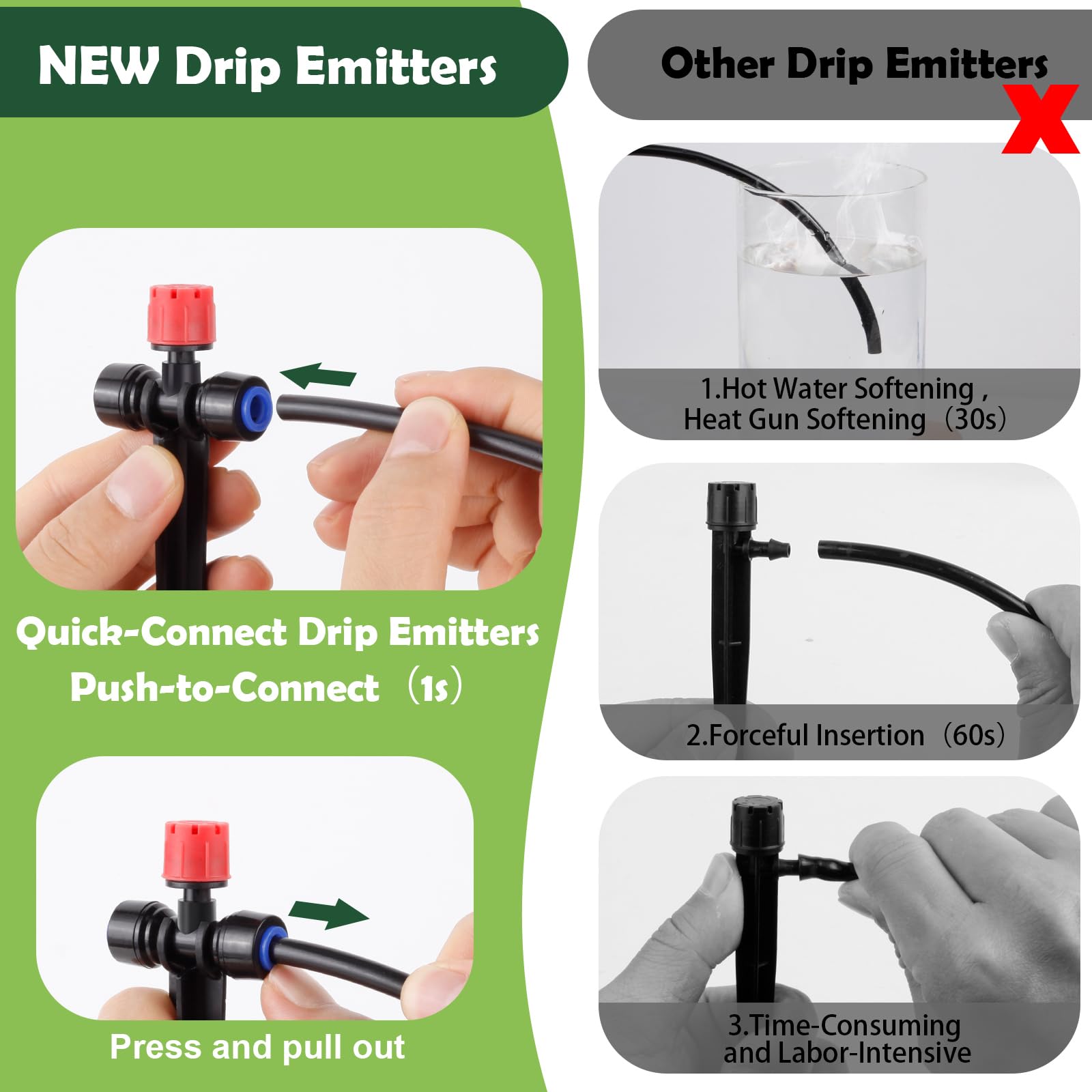 Kit de 21 emisores de riego por goteo ajustables (8 agujeros), conexión rápida para tubos de 1/4 pulgadas, sistema de ajuste dual, goteros fáciles de instalar para un riego preciso del jardín de