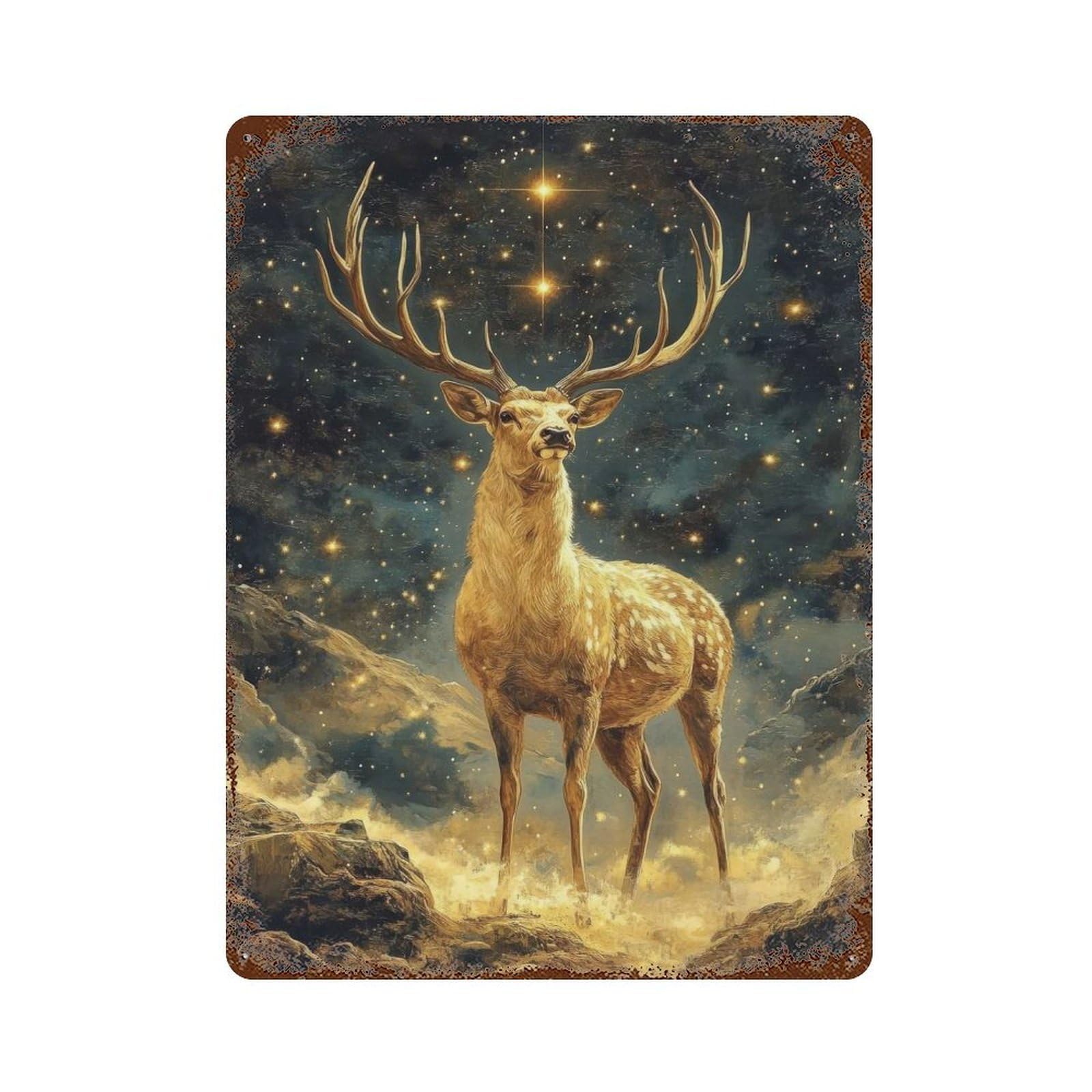 Golden Deer Under Stars Vintage Wall Sign 15.7"x11.8", Rust Effect Metal Decor for Farmhouse, Kitchen And Entryway Decor