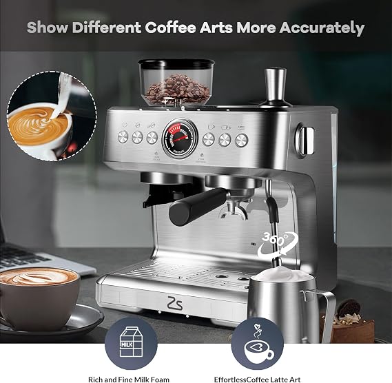 Espresso Machine with Grinder & Milk Frother, 20 Bar Professional Pressure & 95Oz Large Water Tank, Semi-Automatic Coffee Maker for Cappuccino/Latte/Macchiato, Design for Home Barista