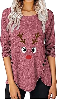 Damska bluzka na co dzień, z nadrukiem łośu, z guzikami, do szycia, z długim rękawem, dekolt w kształcie litery O, luźna tunika, T-Shirt Slim Fit, czas wolny, sportowa koszulka z długim rękawem, trening z kapturem - sweter streetwear