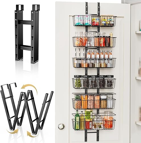 USE Organizadores de despensa de 6 niveles - Organizador de puerta de despensa plegable y desmontable de metal montado en la pared con 6 cestas para
