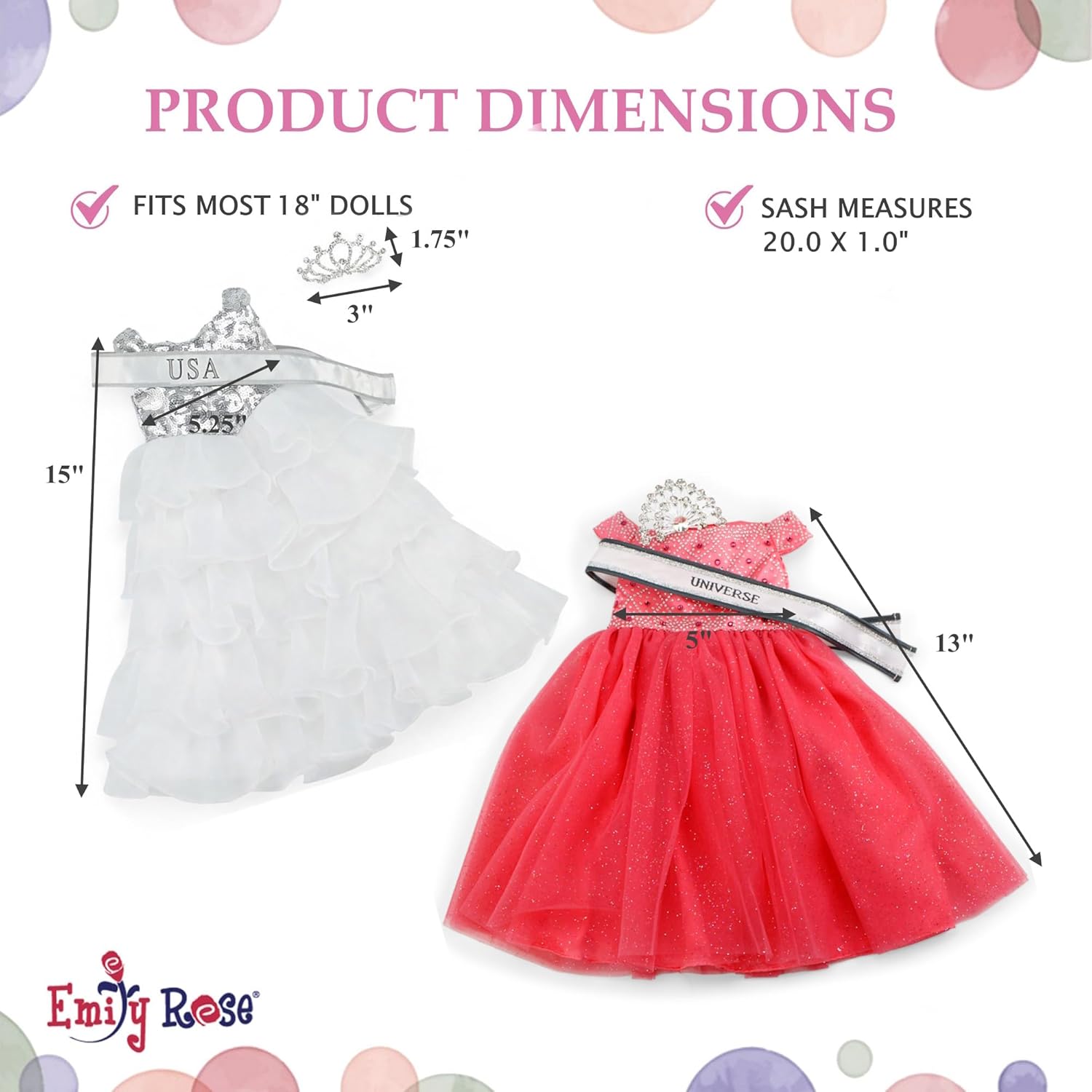 Emily Rose 18 Inch Doll Clothes 6-PC Pageant Dress & 18" Doll Accessories Bundle with Sashes & Crowns | Toy Gift Set for 5+ Little Girls Set | USA American Business | Double Reinforced Stitching
