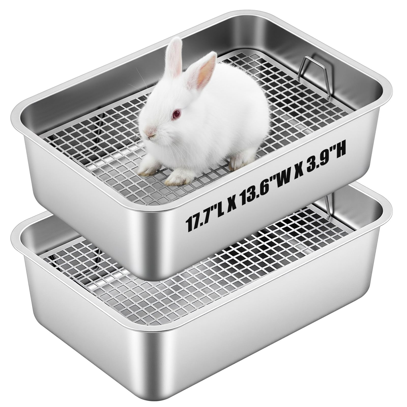 Maxcheck 2 Pcs Rabbit Litter Box, Stainless Steel Rabbit Litter Pan with 2 Grids, High Side Bunny Toilet Tray Potty Training Pan for Rats Ferret Bunny Guinea Pig(M 17.7''L x 13.7''W x 4''H)