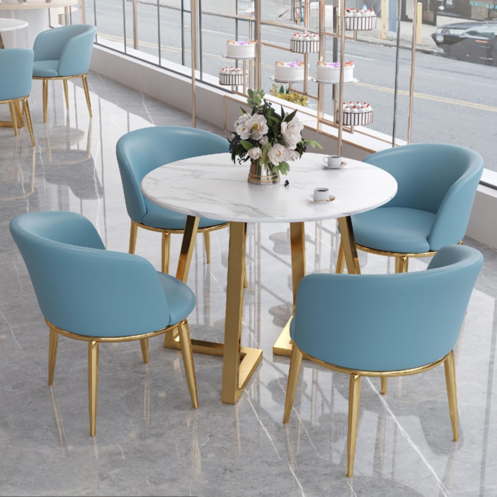 Juego de Comedor Redondo de 5 Piezas para Oficina o Sala de recepción, con Mesa de Comedor de 80 cm y 4 sillones de Cuero Azul.