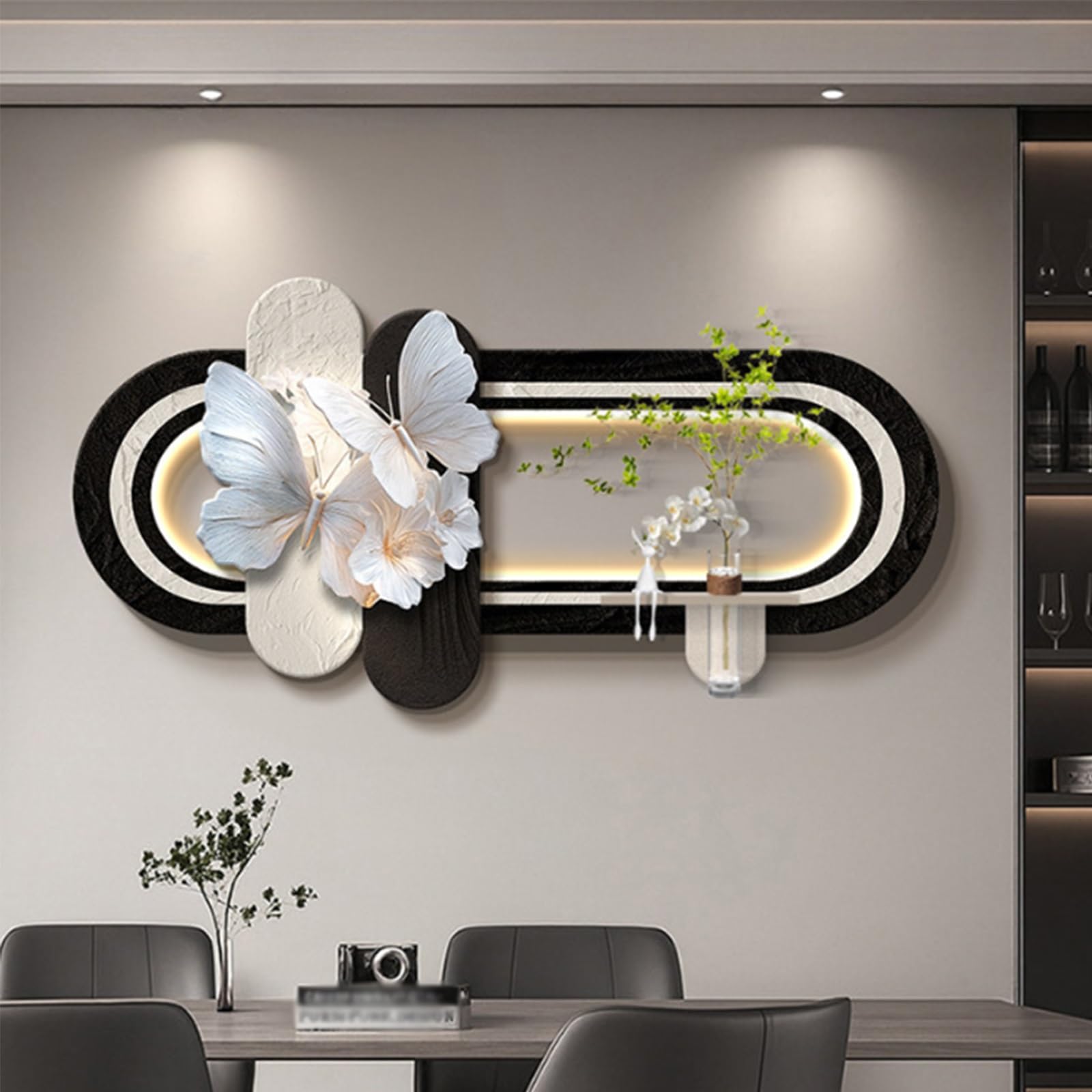 LED Sandstone Wall Decor, Butterfly Wall Sculpture Painting Decor with Glass Vase & Lights, Hydroponic Greenery Entrance Hanging Decor for Entrance Office Corridor(F,40 * 80cm)